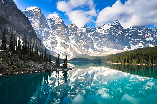 A vast, turquoise glacial lake surrounded by snowy mountains in the Canadian Rockies
